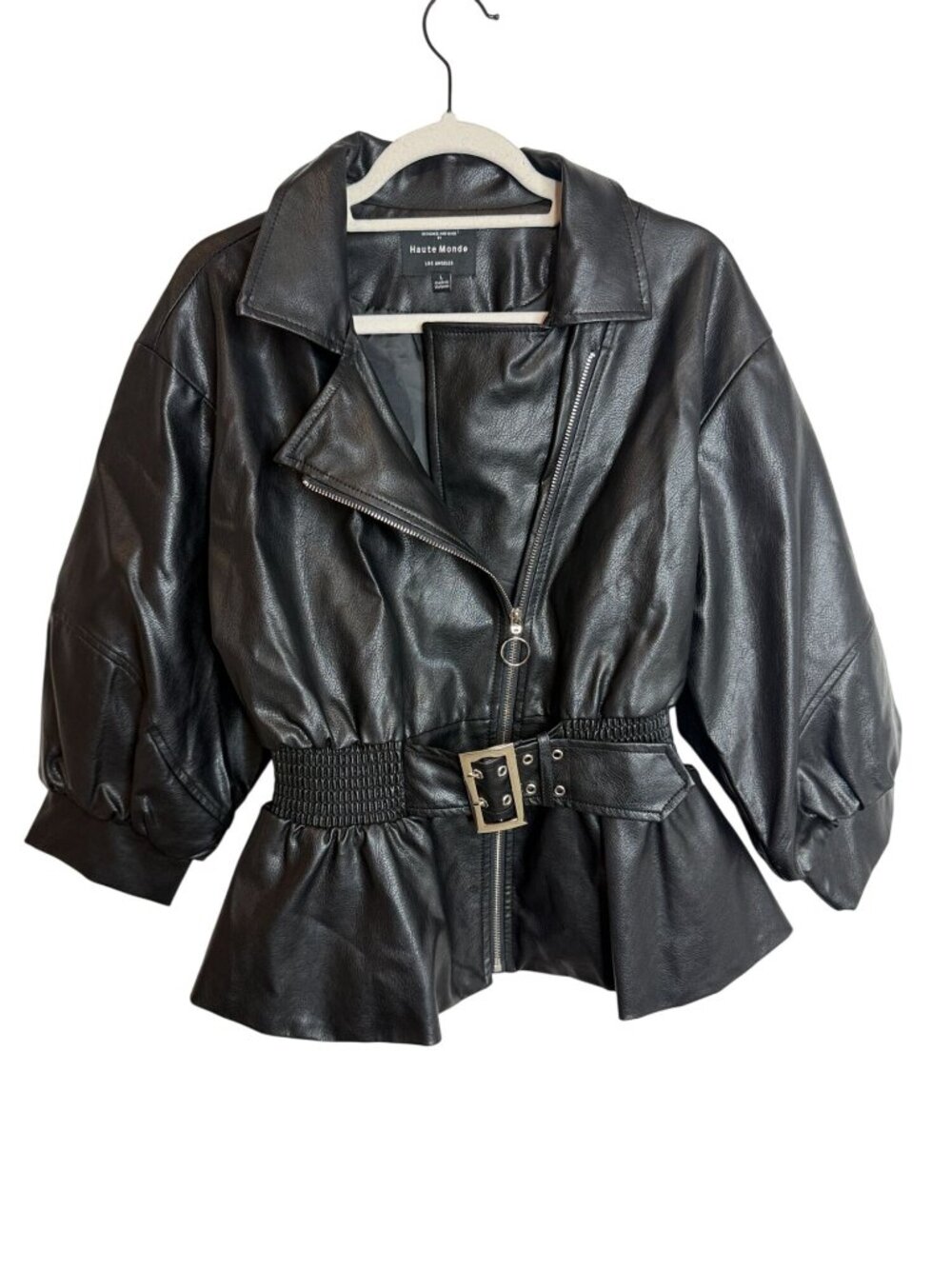 Haute Monde Large Faux Leather Belted Puff Sleeve Peplum Moto Jacket